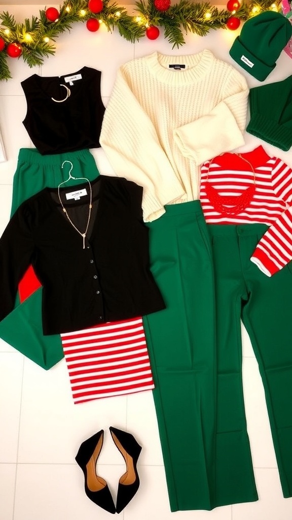 Flat lay of Christmas party outfits with green pants, featuring stylish tops and accessories.